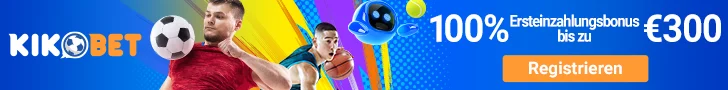 Die Bannerwerbung für KIKOBET zeigt einen Fußballspieler, einen Basketballspieler und einen Tennisspieler auf einem bunten Hintergrund. Der Text bietet einen 100 %-Willkommensbonus von bis zu 300 € und enthält eine Schaltfläche "Registrieren".