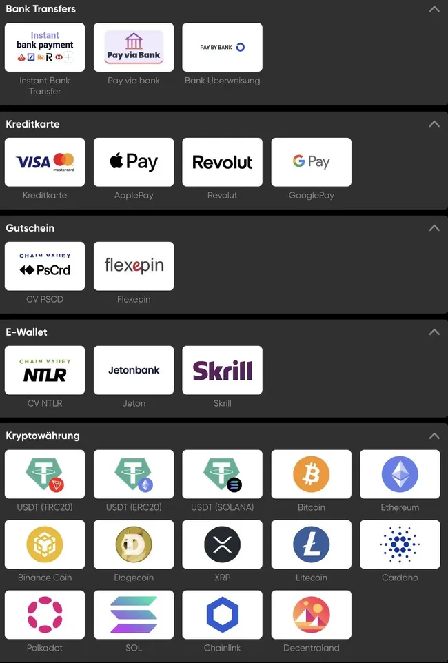 Ein Screenshot zeigt verschiedene Zahlungsoptionen: Banküberweisungen, Kreditkarten, Apple Pay, Revolut, Google Pay, Prepaid-Gutscheine, E-Wallets (Jeton, Skrill) und Kryptowährungen wie USDT, BTC, ETH und mehr.
