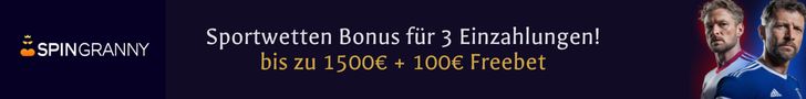 Banner mit dem Spingranny-Logo, Fotos von zwei Fußballspielern und deutschem Text: Sportwetten Bonus für 3 Einzahlungen! bis zu 1500€ + 100€ Freebet.