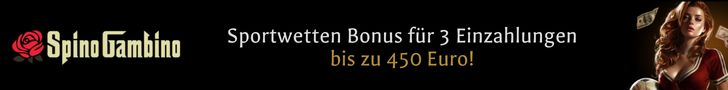 Banner für SpinGambino mit einem roten Rosenlogo, das einen Sportwettenbonus für drei Einzahlungen bis zu 450 Euro anbietet. Eine Frau in einem roten Kleid erscheint auf der rechten Seite des Bildes. Der Text ist auf Deutsch.