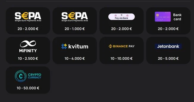 Eine Tabelle mit allen Auszahlungoptionen von Beef Casino.