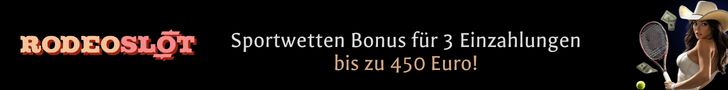 Banner mit RODEOSLOT in fetten Buchstaben, deutschem Text, der einen Sportwetten-Bonus von bis zu 450 Euro anbietet, und einer Illustration einer Frau mit Cowboyhut, die einen Tennisschläger hält, in dessen Nähe Geld schwebt.