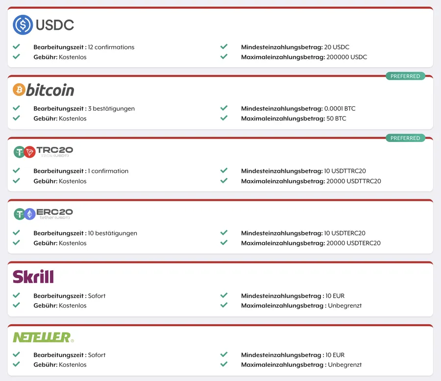 Zahlungsmethoden und Mindestbeträge für Asianconnect Einzahlungen und Auszahlungen