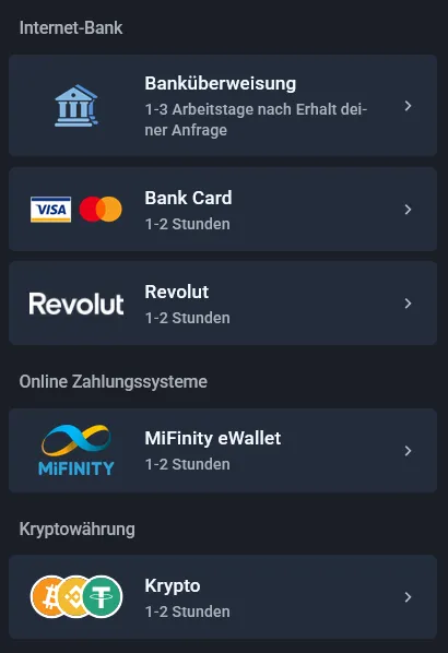 Twin.com Auszahlungsoptionen