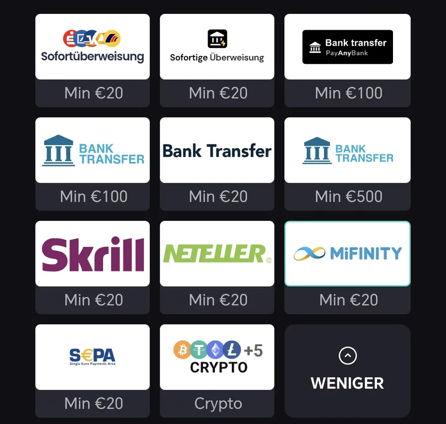 Verfügbare Auszahlungswege bei Rooster.bet