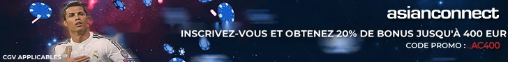 Bookmakers asiatiques 1 Bannière asianconnect avec bonus de bienvenue de 20 % jusqu’à 400 euros maximum, code bonus : AC400, un footballeur à gauche et des couleurs bleu et rouge en arrière-plan.