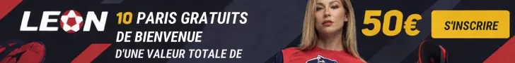 Bookmakers asiatiques 2 Bannière Leonbets avec 10 paris gratuits de bienvenue d'une valeur totale de 50 €