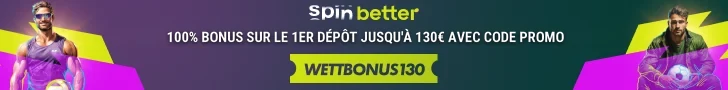 Spinbetter Bannière Spinbetter avec bonus de 100 % sur le 1er dépôt jusqu'à 130 € avec le code promo WETTBONUS130